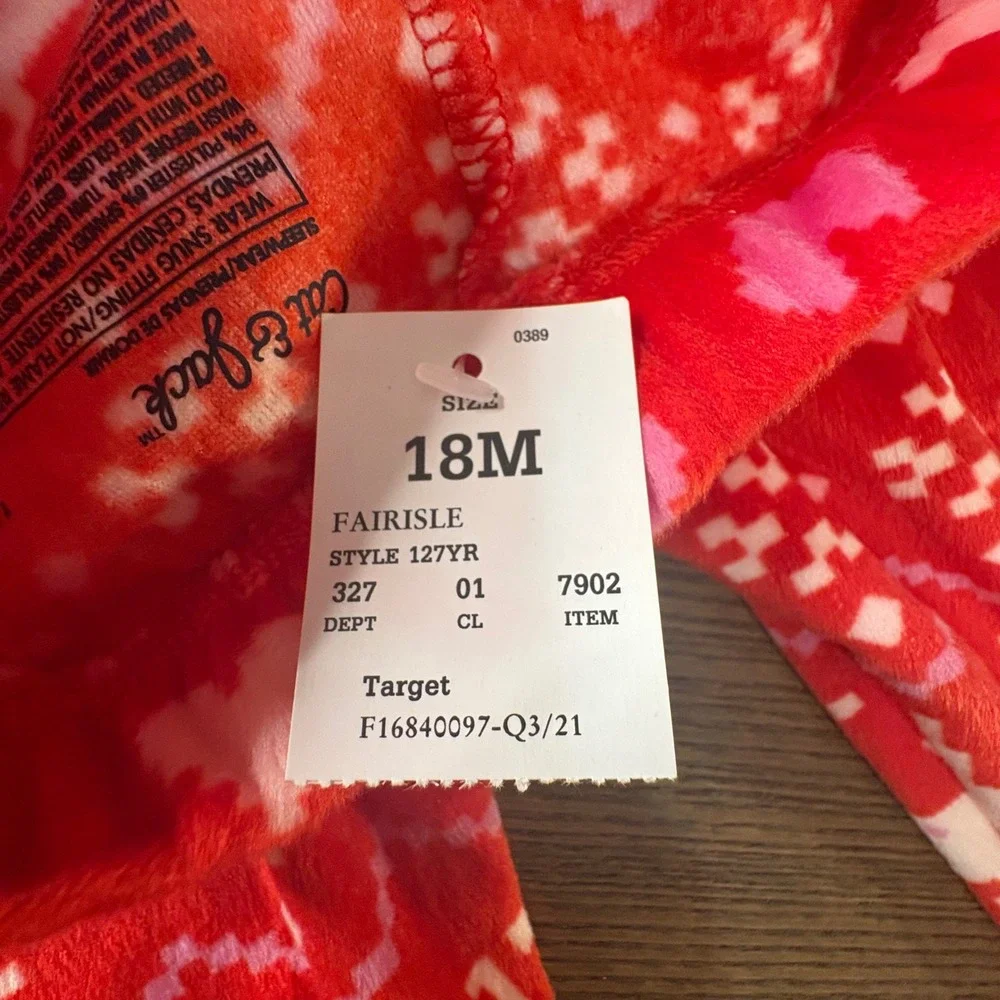Cat & Jack Toddler Pajamas 18M Red‎ Fair Isle Reindeer Fleece PJ Set Velour NWT